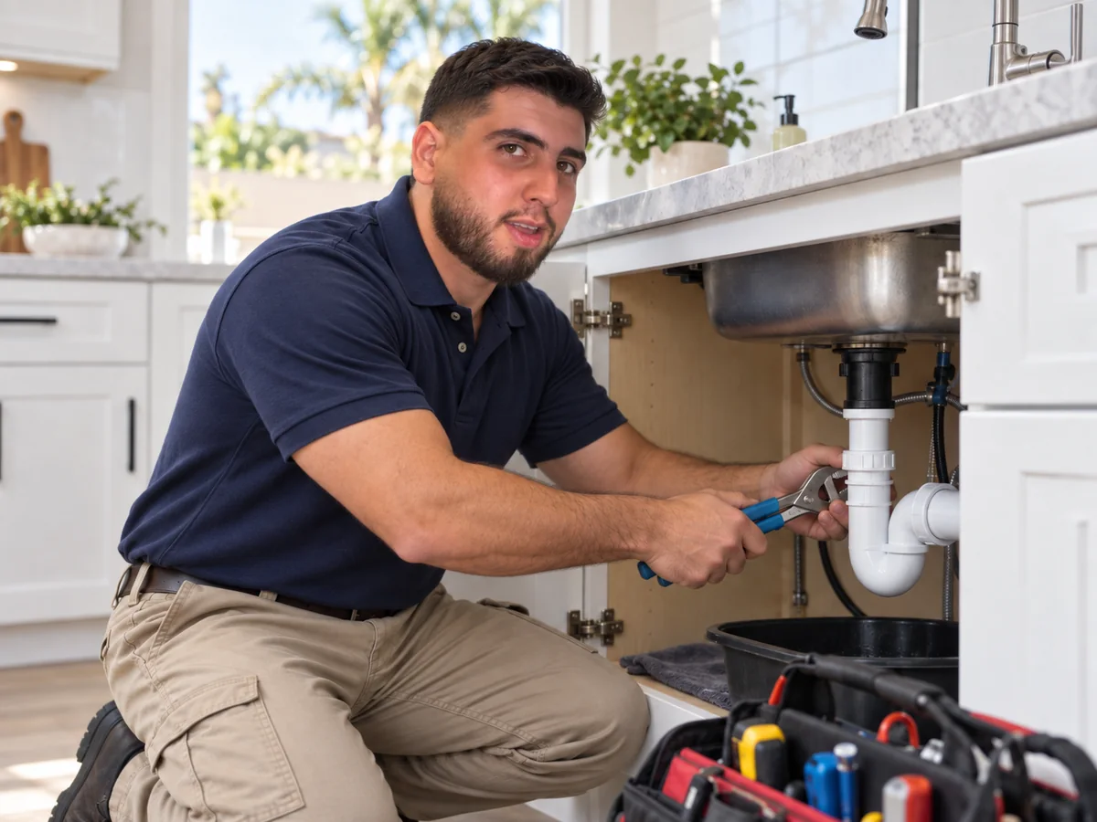 Minor plumbing repair under a kitchen sink
